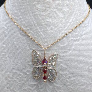 Whimsical Butterfly Pendant Artisan Made Swarovski Red Gold Crystal Necklace New